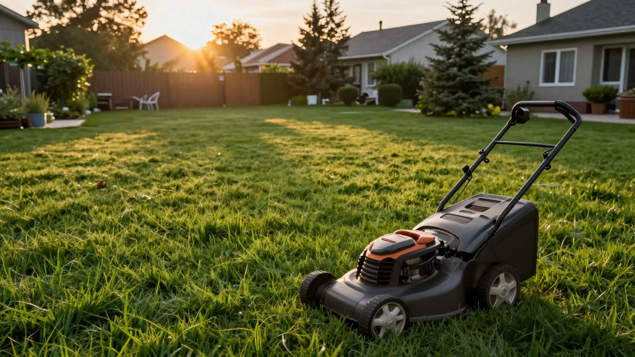 Густой зеленый газон в саду в лучах закатного солнца рядом с газонокосилкой