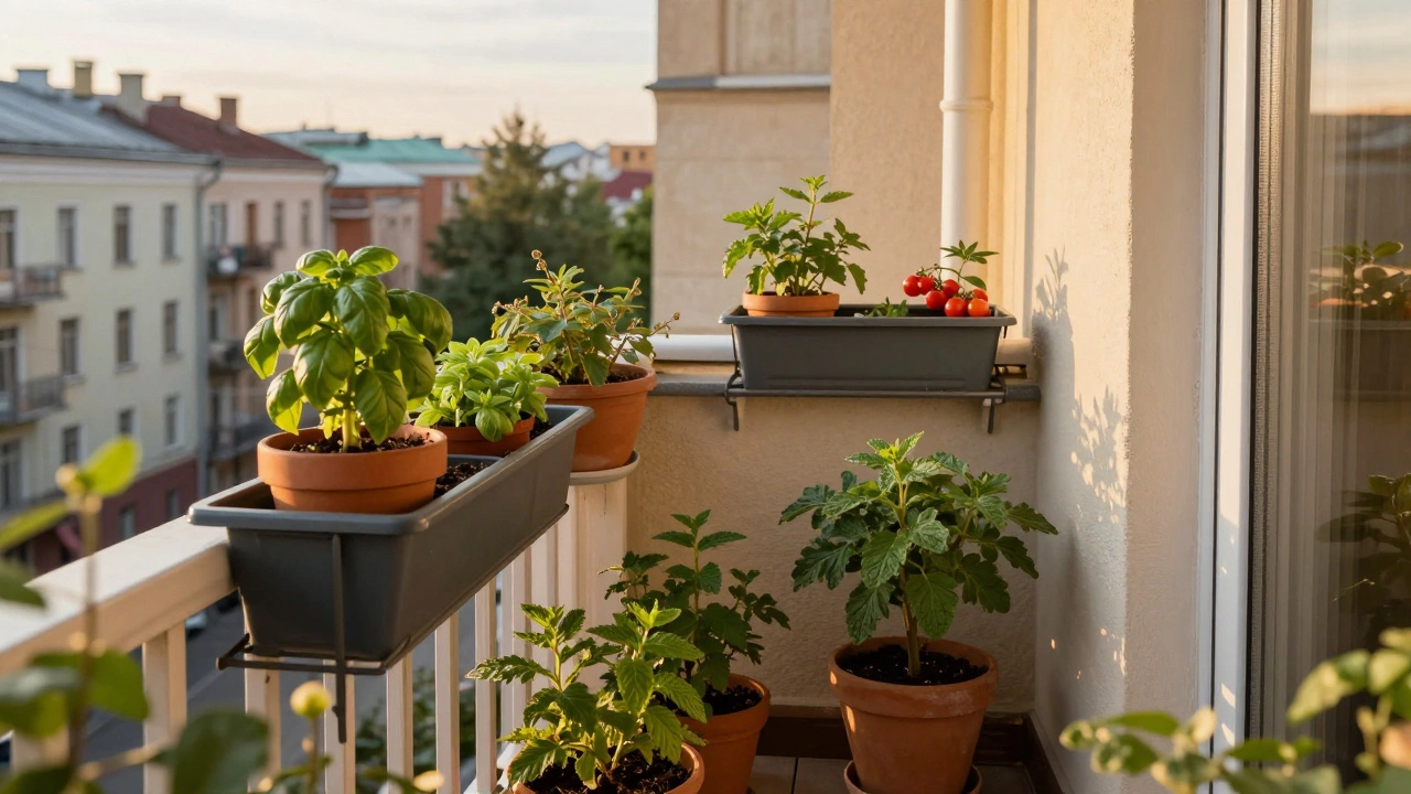 Маленький городской огород с травами и томатами на балконе квартиры