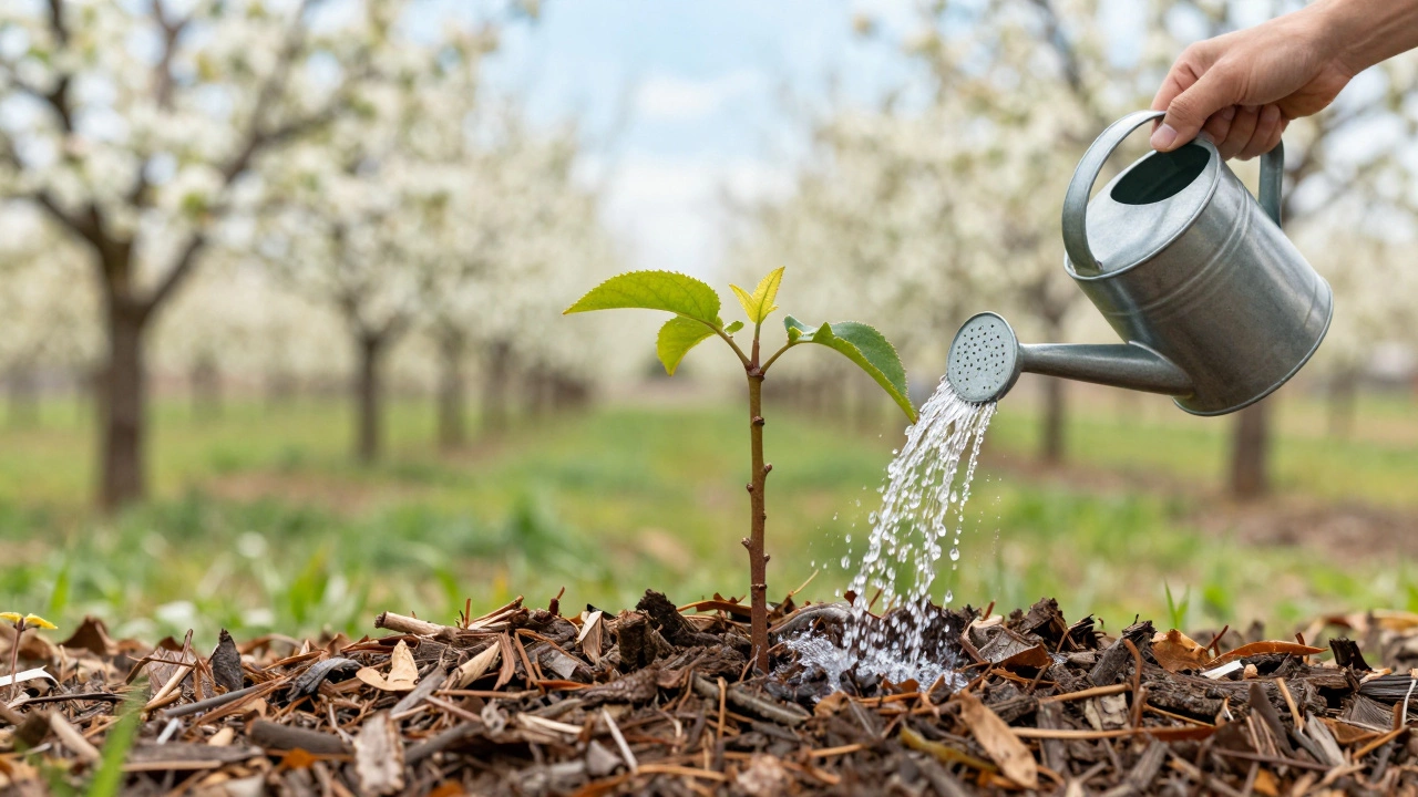 Молодой саженец дерева с мульчированием приствольного круга