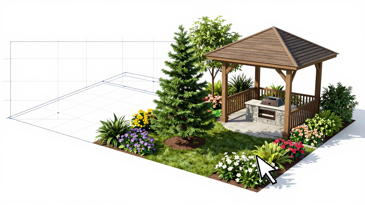 Процесс создания 3D-модели сада с беседкой и растениями в программе
