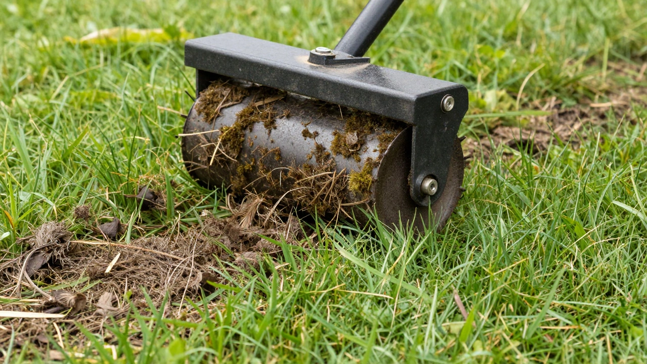 Ручной механический скарификатор вычесывает сухую траву и мох с зеленого газона