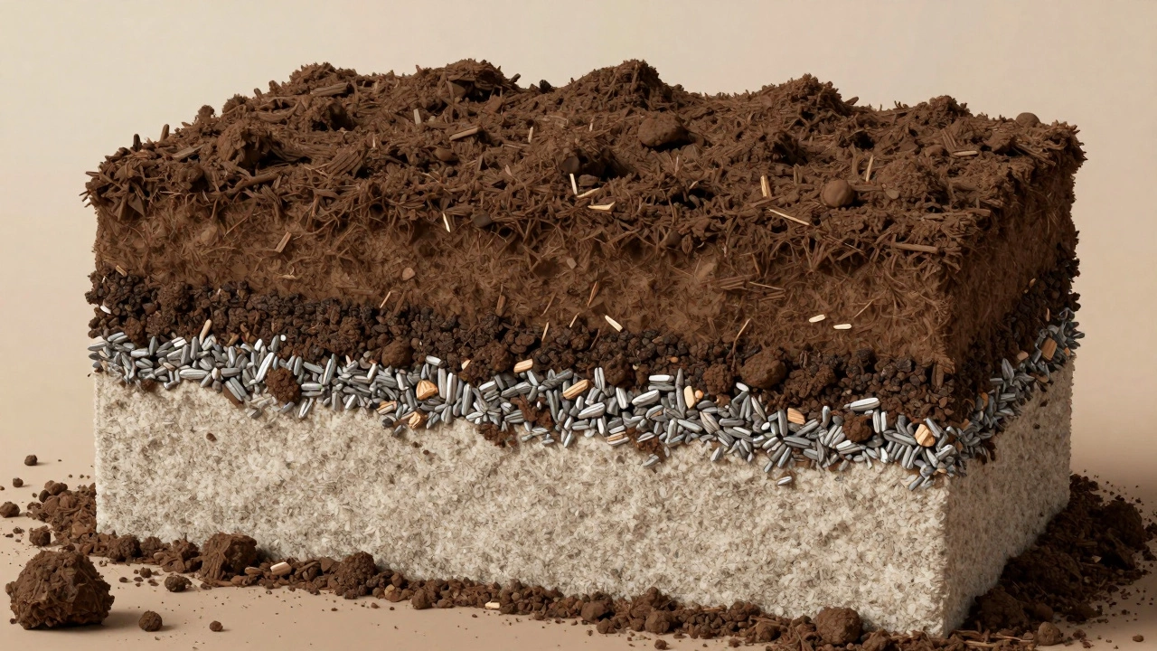 Схематичный разрез посадочной ямы с разными слоями удобрений и песка