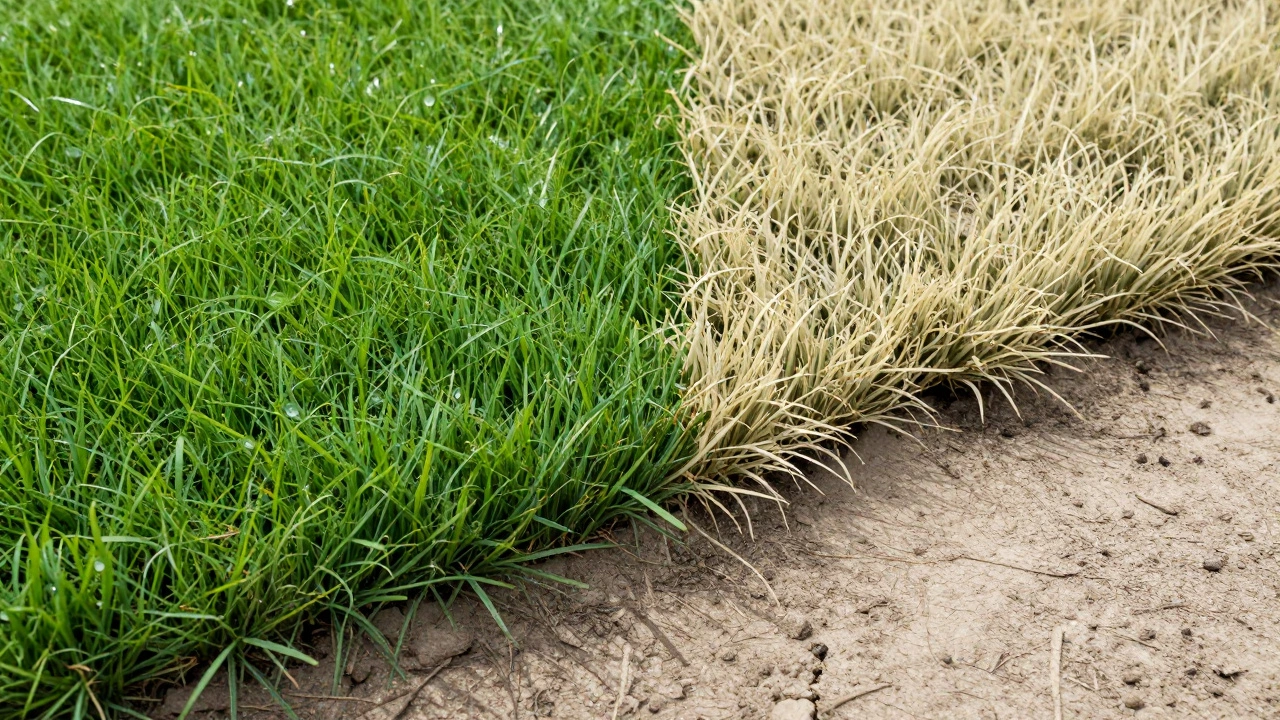 Сравнение здорового изумрудного газона и увядающей травы с воздушным карманом