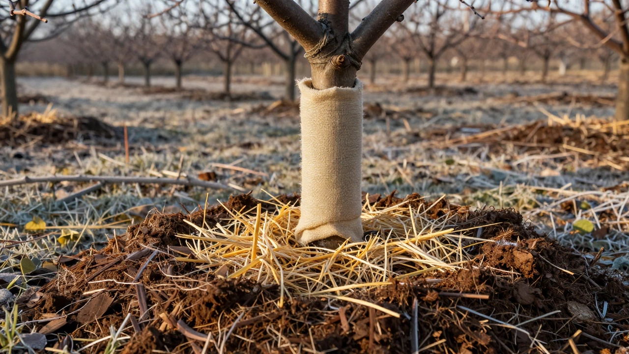 Ствол дерева, обмотанный мешковиной и замульчированный торфом и соломой