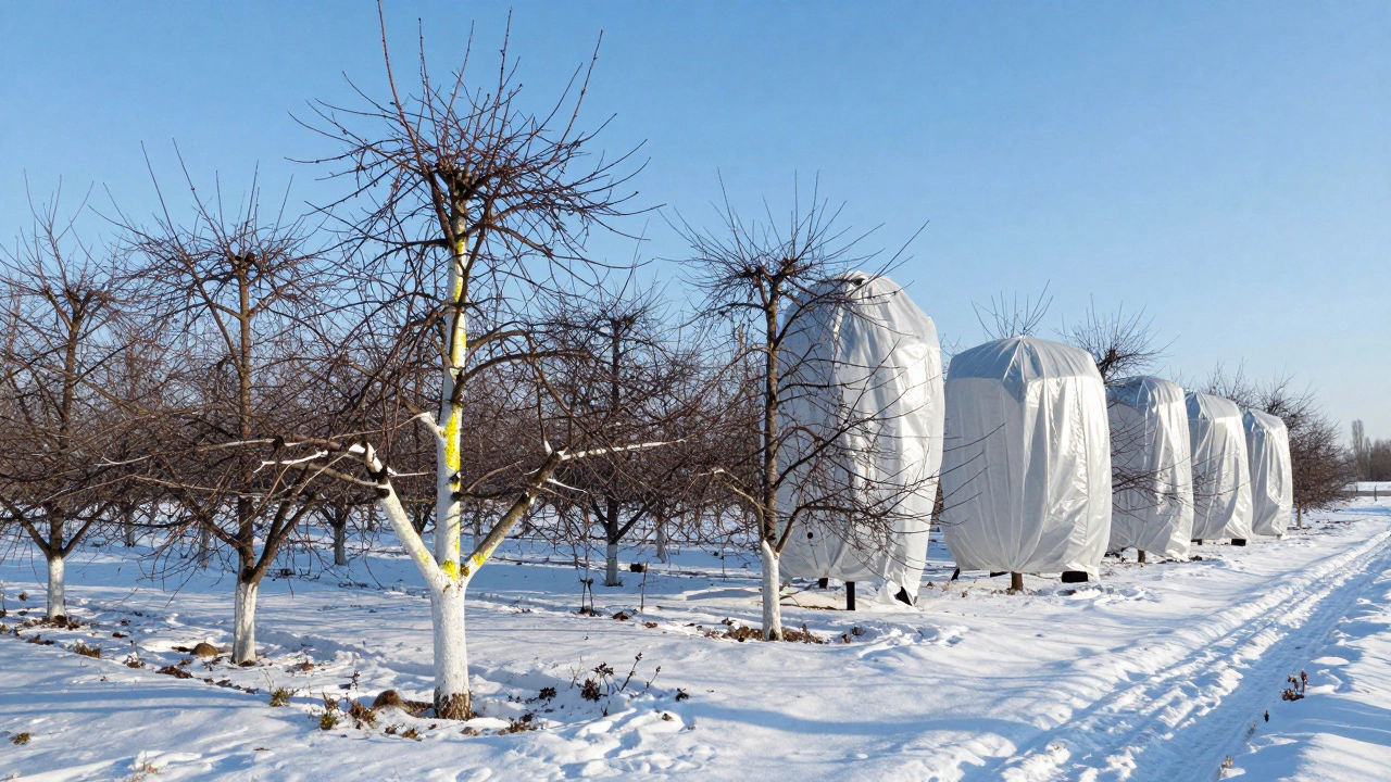 Зимний сад с побеленными стволами деревьев и укрывными материалами